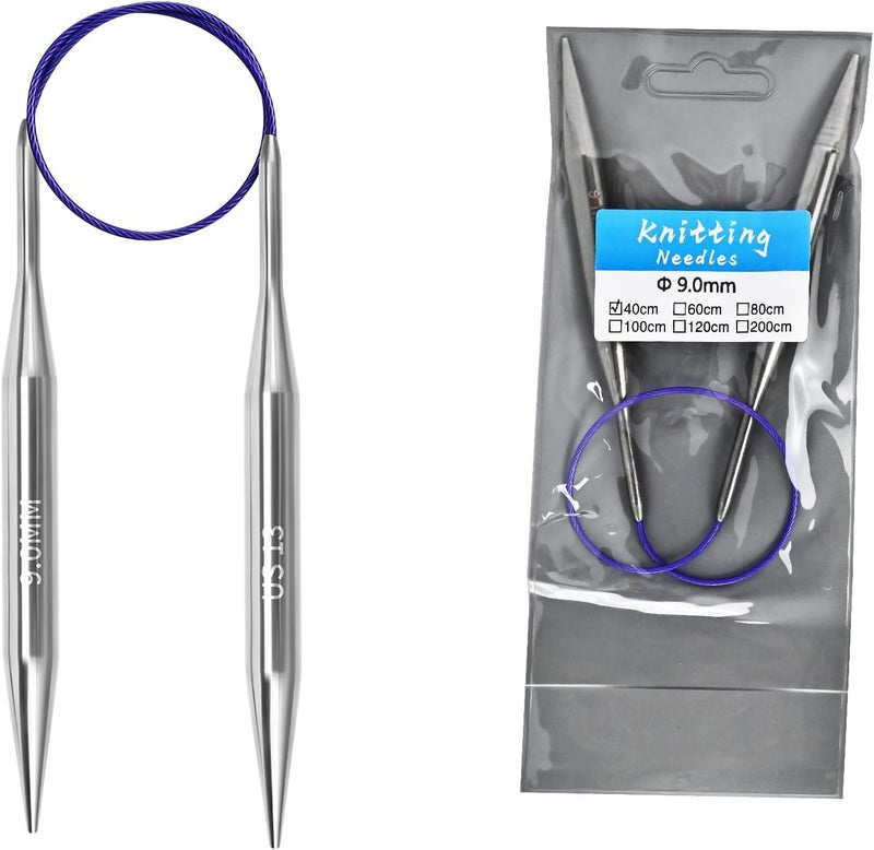 Soosui 9.0mm Circular Knitting Needles - 16-inch/40cmUS13 Ergonomic Stainless Steel Set with Tangle-Free Cable and Smooth Joints, Ideal for Hats, Socks, and Sleeves - Image 1